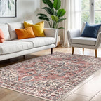 KOZYFLY Area Rug 4x6 Ft Washable Rugs for Entryway Non Slip Faux Wool Printed Throw Rug for Kitchen Bedroom Hallway Living Room Indoor Floor Decoration, Terracotta/Beige