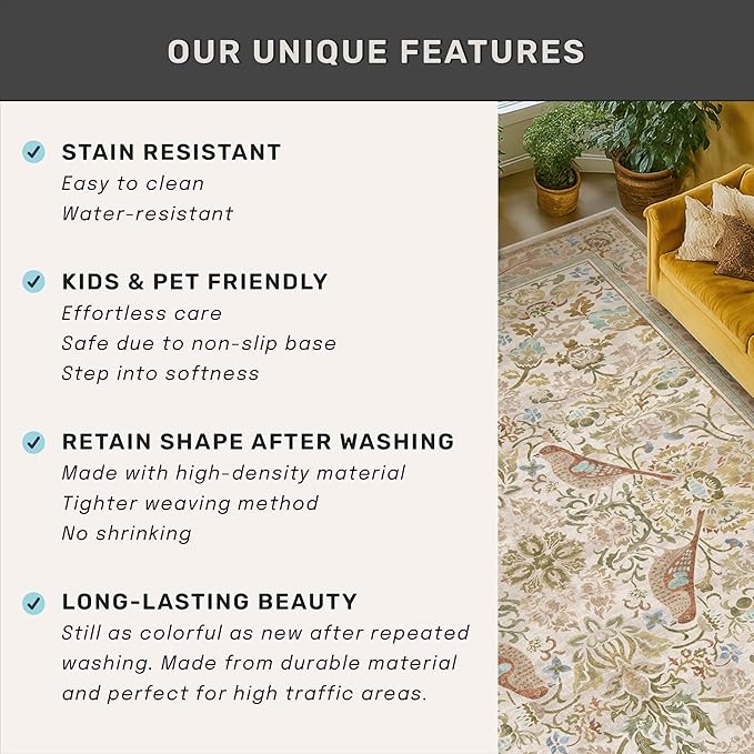 Washable Area Rugs 5x7 for Living Room - Boho Cottagecore Earthy Rugs for Bedroom, Dinning Room, Office with Vintage Beige Taupe Botanical & Bird Pattern, Non Slip Stain Resistant Low Pile