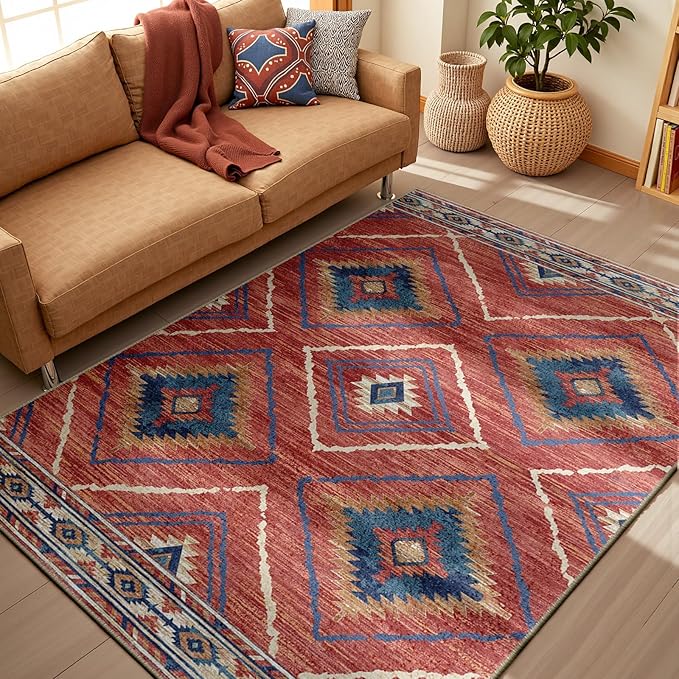 Area Rug 3x5 Rug Machine Washable Non-Slip Low Pile Print Pattern Western Rug for Living Room Bedroom Entryway Tribal Series -Red/Orange