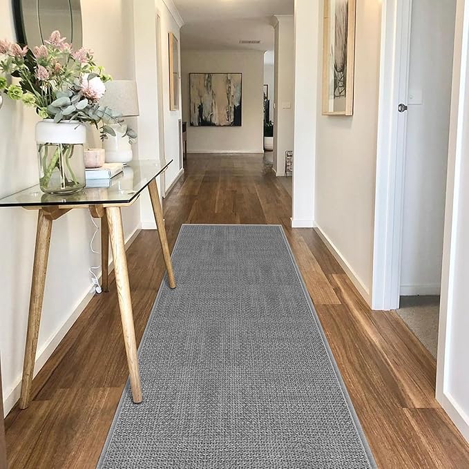 7ft Braided Jute Kitchen Runner Rugs Non Slip, Rubber Backed Absorbent Kitchen Carpets Mat Washable, Natural Rug Runner for Hallway Entryway, Grey