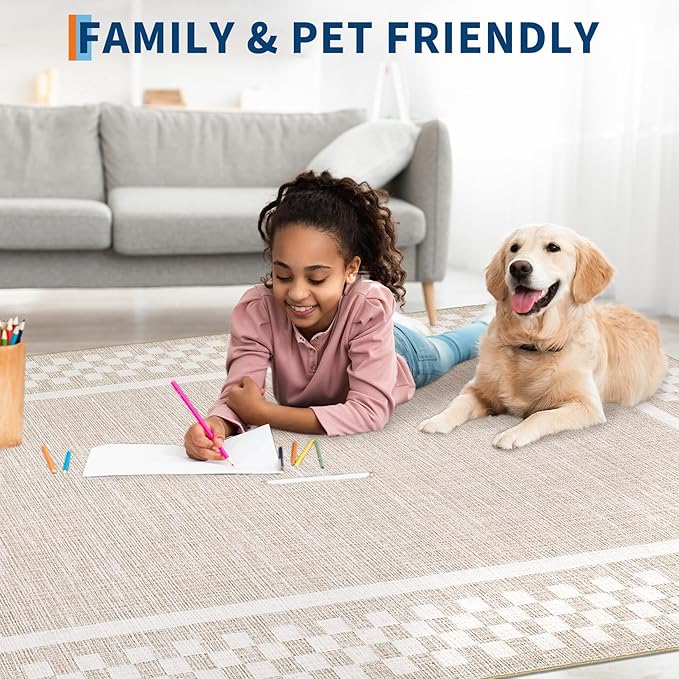 Small Bedroom Area Rug 3x5 Checkered Area Rug for Living Room Nursery Non Slip Kitchen Throw Carpet Low Pile Modern Bordered Rugs Washable Bathroom Mat Soft Brown Rugs for Laundry Entryway, Beige