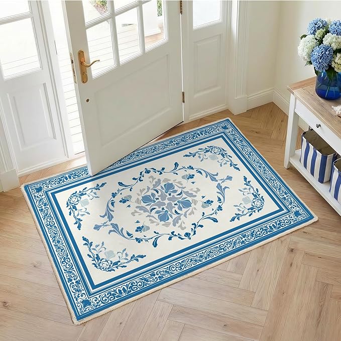 SOULFUL Medium Pile 2x3 Entryway Rug - Cozy Soft Underfoot Small Area Rug - Blue Boho Floral - Washable Non-Slip - Perfect for Hallway Kitchen Bedroom Bathroom Indoor Entrance