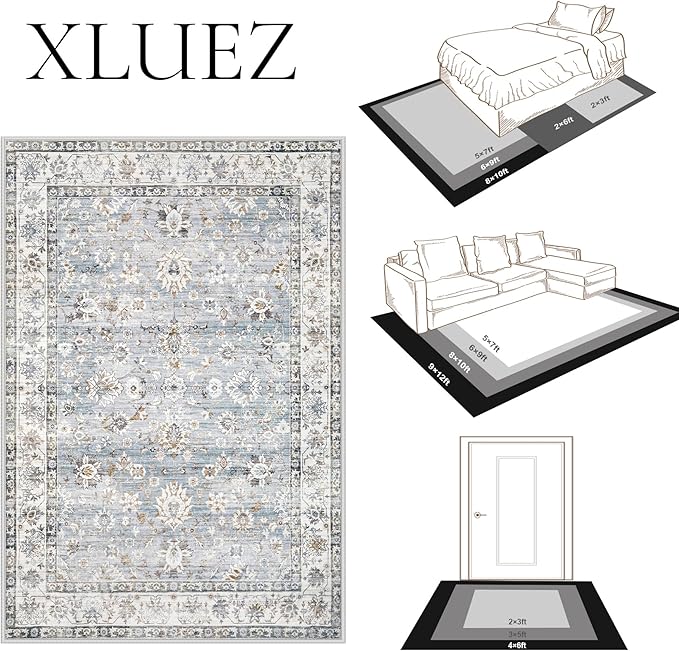 Area Rug 10x14 Living Room Rugs, Machine Washable Vintage Distressed Boho Area Rug Non-Slip Soft Low Pile Large Indoor Rugs for Bedroom Kitchen Dining Room Office(Light Blue,10'x14')