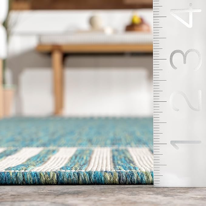 Nuloom Asha Teal/Ivory, 4' x 6', Casual, Striped Border, Soft and Cozy, High Traffic, Stain Resistant, Easy Clean, Durable Area Rug for Indoor/Outdoor Patio, Deck, Porch, Garden, Courtyard