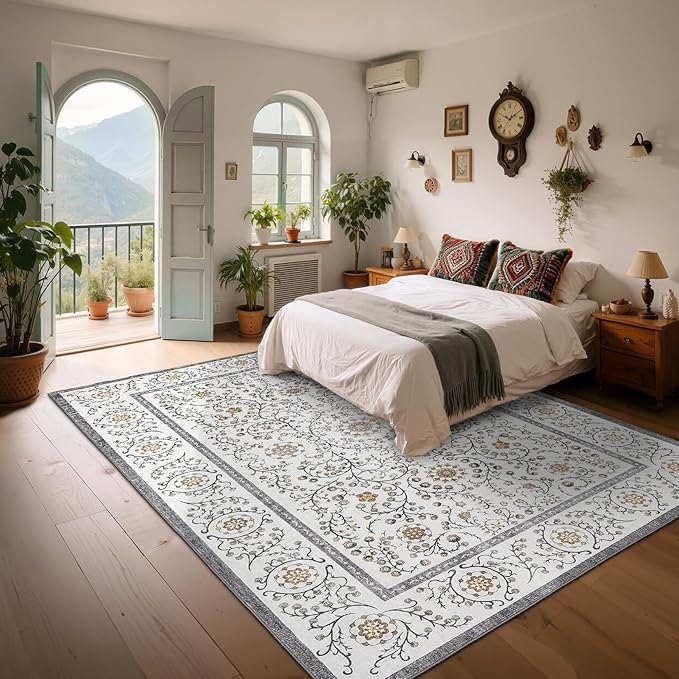 GarveeHome Boho 8x10 Area Rugs for Living Room, Floral Vintage Rugs for Bedroom with Soft Low Pile, Non Slip Stain Resistant Washable Rug 8x10 for Dining Room Grey Large Carpet for Office Playroom
