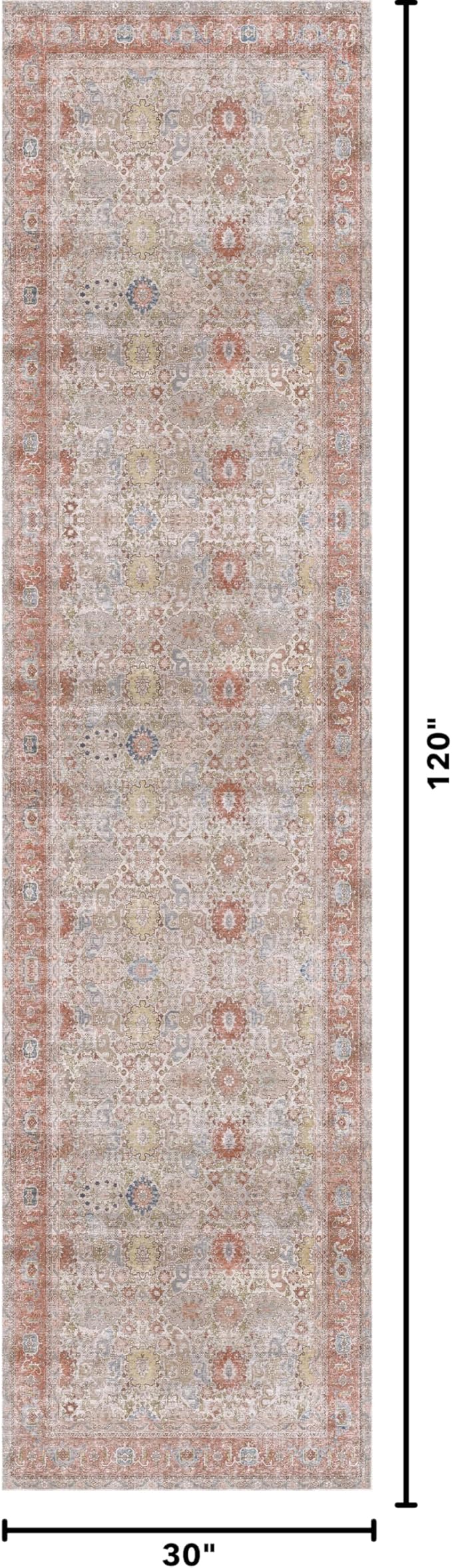 Kuden 2'6"x10 Runner Rug, Machine Washable Area Rug with Non-Slip Backing, Vintage Style, Soft, Easy Clean, Low Pile Rug for Hallway, Entryway, Kitchen, Bedroom