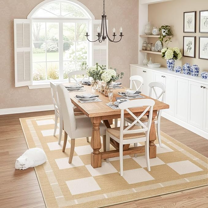 Vasofe Checkered Jute 5x7 Area Rugs, Washable Outdoor Patio Rug for Living Room Bedroom Indoor Carpet, Non Slip Modern Farmhouse Neutral Geometric Rugs Office Porch Dining Room Mat, Khaki and White