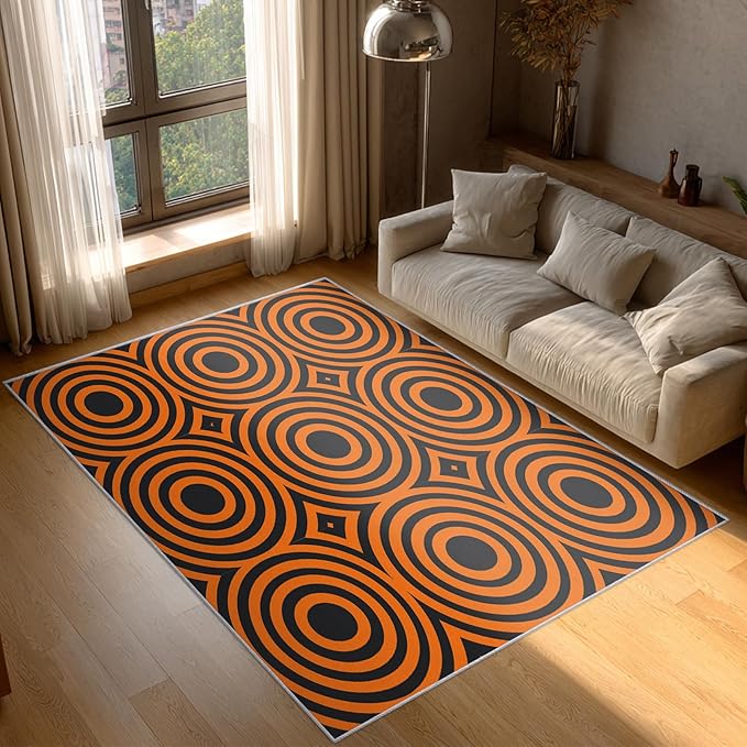 4x6 Geometric Circle Rugs for Bedroom Decor, Washable Retro 60s 70s Geometry Pattern Area Rug, Living Room Home Decoration, Non Slip Soft Thin, Black Orange Decor Carpet PF-P 49
