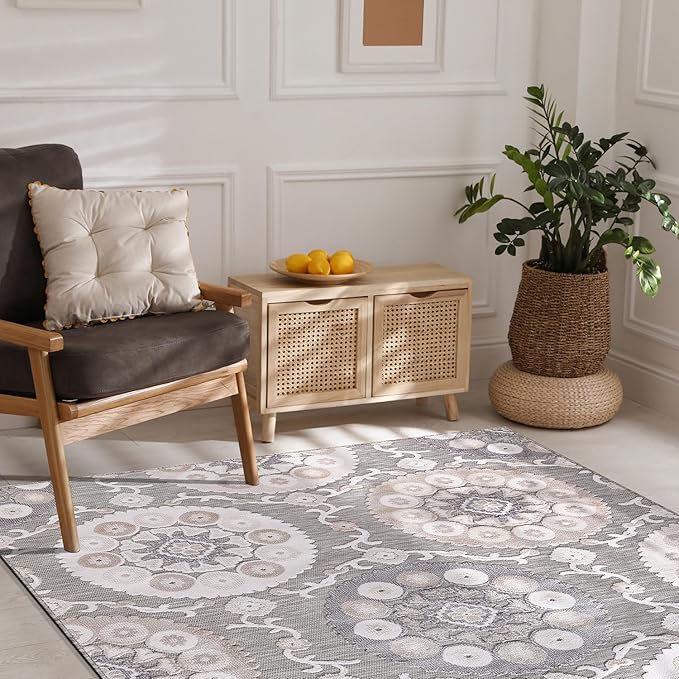 CAMILSON Indoor Outdoor Rug 10x14 Bohemian Medallion Floral Area Rugs for Indoor and Outdoor Patios Easy-Cleaning Non-Shedding Living Room Garden and Kitchen Washable Outside Carpet (10 x 14 / Beige)