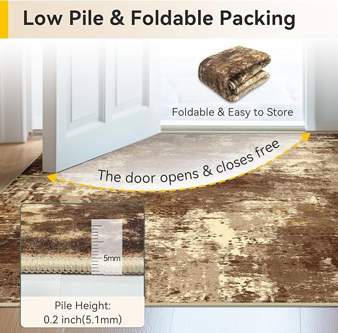 Washable Area Rugs 6'x9' Non-Slip Modern Abstract Soft for Living Room Entryway Bedroom Nursery, Print Pattern, Brown Tan Beige Coffee