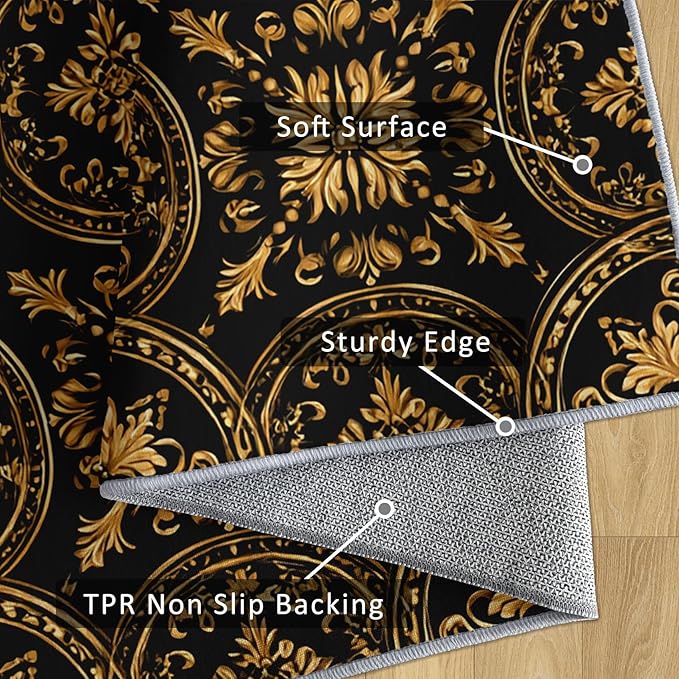 Black Gold Baroque Rug Small, Washable 2x3 Throw Rug for Entryway, Floral Geometric Patterned Indoor Door Mat, Black Gold Baroque Decor for Home, Bedroom, Soft Non Slip Thin Design FER62