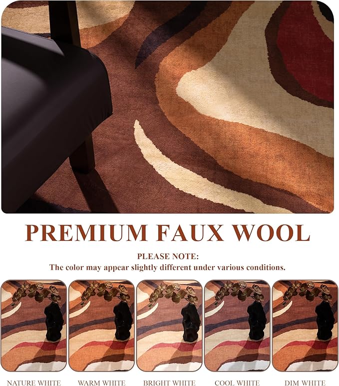 YIHOUSE Burnt Orange Rug 5x7 Washable,Farmhouse Brown Retro Carpets,Geometric Abstract Wavy Rug for Bedroom,Unique Colorful Rugs for Living Room,Dining Room,Alfombras para Salas