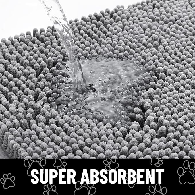 Smiry Dog Door Mat for Muddy Paws, Absorbent Dirt Trapper Non Slip Quick Dry Washable Chenille Mat for Mud Dogs, Entry Rug for Indoor and Outdoor (70x24 Inches, Grey and Black)