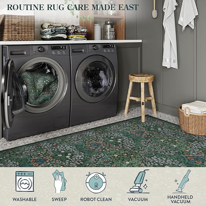 Lahome Floral Washable Round Rugs, Non-Slip Soft Round Rug 4ft Ultra-Thin, Small Stain Resistant Boho Circle Carpet for Entryway Kitchen Bedroom Nursery Bathroom, Dark Green