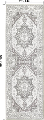 XWZO Runner Rug 2x6ft, Washable Hallway Runner with Non-Slip Backing, Vintage Spill Stain Resistant Floor Mat for Entryway Corridor Bedroom Kitchen, Soft Low-Pile Area Carpet, Grey