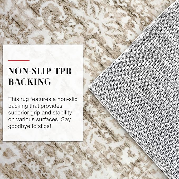 Vintage 4x6 Living Room Washable Rug, Beige Tan White Non-Slip Soft Bedroom Area Rug Thin Printed Faux Wool Floor Super Soft Carpet Throw Rugs for Nursery Playroom Dining Room Indoor Office