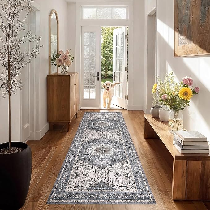 PURRUGS Vintage Farmhouse Boho Runner Rug 2x6 ft, Non-Slip Machine Washable Rug, Accent Oriental Area Rug for Kitchen, Hallway, Entryway, Bedroom, Living Room & Dining Room, Periwinkle Gray/Soft Ivory