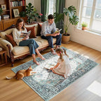 Area Rugs 4'x6' Washable Non-Slip, Floral Vintage Distress Print Pattern Medallion Carpet for Living Room Bedroom Dining Room, Green Navy Blue White Red Teal Colorful