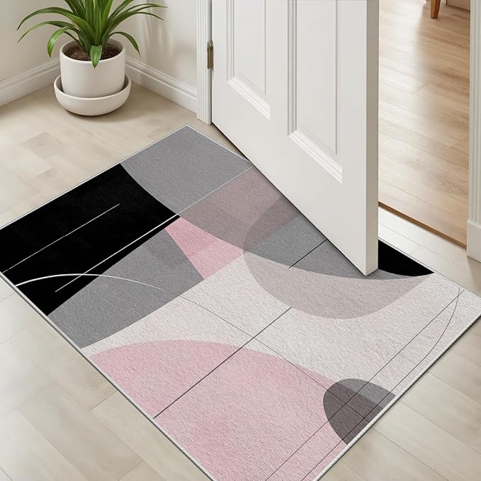 Abstract Art Line Living Room Area Rugs 5x7, Modern Boho Geometric Print Rug, Minimalist Washable Non Slip Neutral Soft Carpet for Bedroom, Dining Room Office Playroom, Black Gray