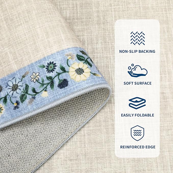 GarveeHome Washable Area Rugs for Bedroom 5x7 Living Room Modern Floral Throw Rugs Non-Slip Lightweight Thin Carpet Modern Farmhouse Print Non-Shedding Soft Low Pile Floor Cover, Beige