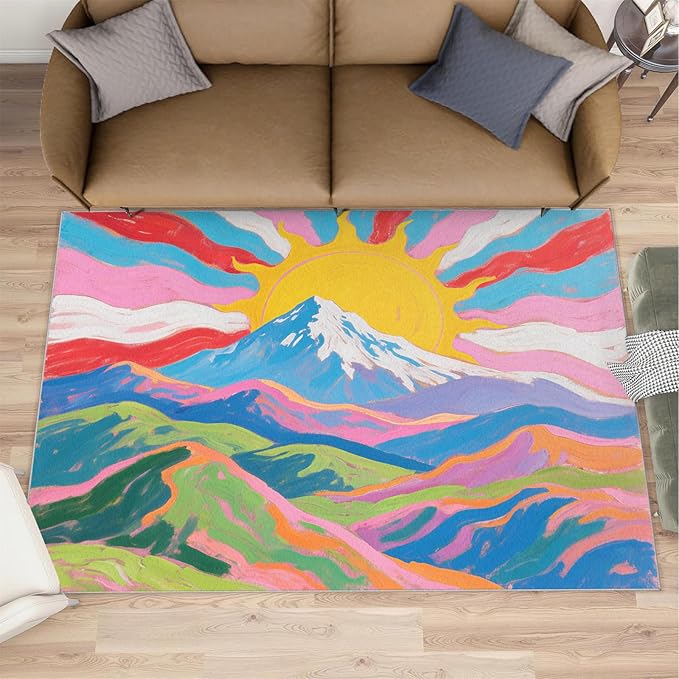 Boho Sun Runner Rugs 3x6ft, Watercolor Mountain Bedside Rug, Abstraction Deco Laundry Rug with Non Slip Backing for Bedroom Kitchen Sink Front Door Entryway Indoor