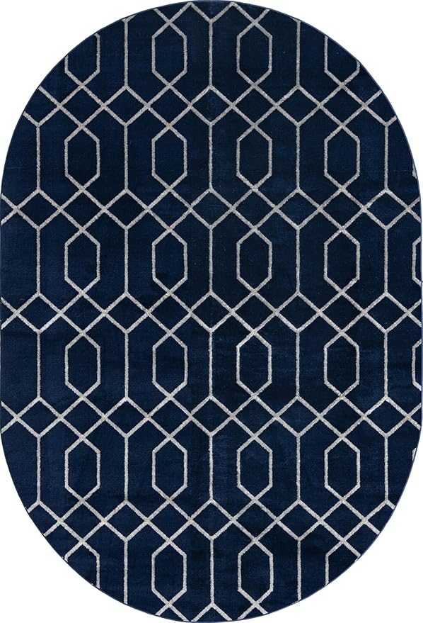 Unique Loom Glam Collection Area Rug - Trellis (4' 1' x 6' 1' Oval, Navy Blue Silver/ Silver)