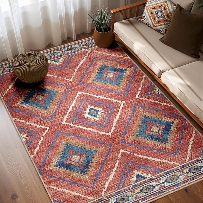 Area Rug 4x6 Rug Machine Washable Non-Slip Low Pile Print Pattern Western Rug for Living Room Bedroom Entryway Tribal Series -Red/Orange