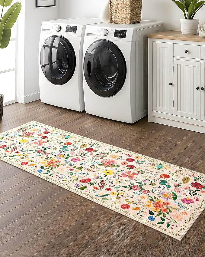 Boho Floral Runner Rug 2x6, Washable Non-Slip Kitchen Rug, Ultra Soft Vintage Carpet for Hallways, Kitchen, Bedroom, Bathroom (Beige)