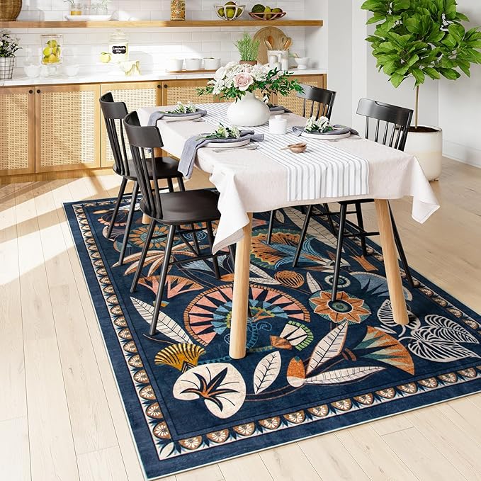 Egypt Floral Washable 5x7 Area Rug for Living Room, Large Boho Bedroom Dining Room Rugs for Under Table, Vintage Non Slip Soft Throw Carpet for Playroom Office Apartment (Dark Blue, 5 x 7)