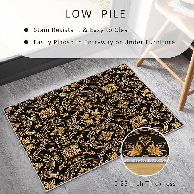 Black Gold Baroque Rug, Washable 5x8 Rug for Living Room, Floral Geometric Patterned Indoor Carpet, Black Gold Baroque Decor for Home, Bedroom, Soft Non Slip Thin Design FER69