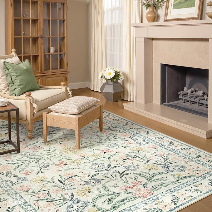 Lahome Boho Washable Girls Bedroom 9x12 Rugs, Beige Cream Floral Large Area Rugs for Bedroom, Soft Non-Slip Thin Carpet for Nursery Kids Playroom Dining Room Home, Beige
