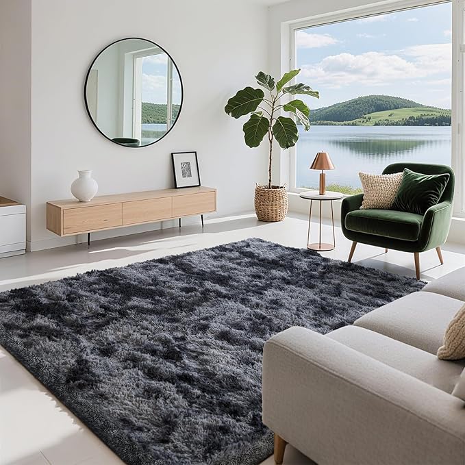 5x7 Area Rugs for Living Room Bedroom, Soft Fluffy Shaggy Bedside Rug, Indoor Floor Carpet for Kids Playroom, Dorms, Nursery Rooms, Home Decor (Tie-Dyed Dark Grey 5'x7')