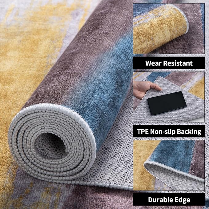 Ciicool Modern Abstract Yellow Gray Rug for Living Room, 4'x6' Machine Washable Area Rug Non-Slip Rug, Low-Pile Contemporary Indoor Dining Floor Carpet for Bedroom Office Under Table Home Decor