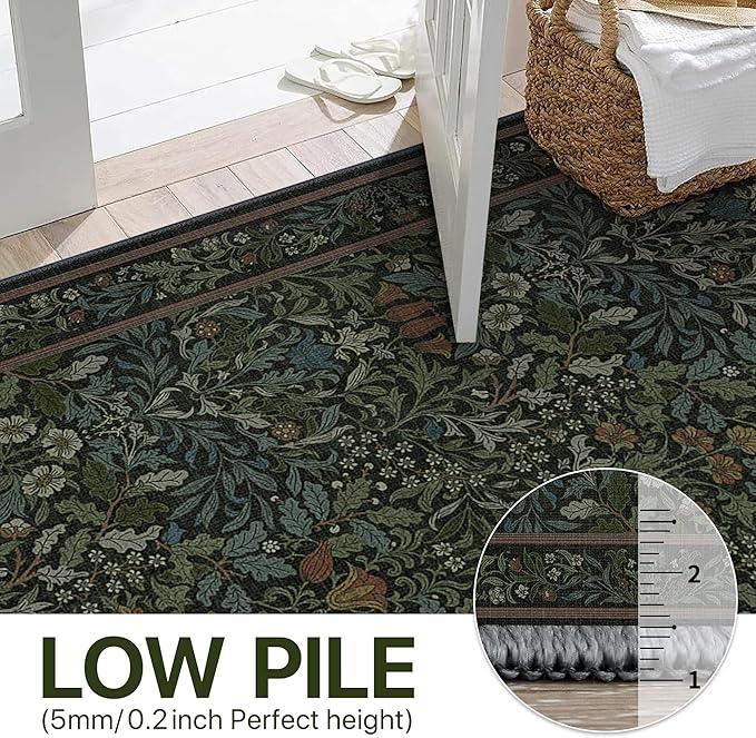 Bavni Floral Dark Green Area Rugs 6x9, Vintage Boho Carpet Machine Washable, Non Slip Soft Low Pile Thin Rug for Bedroom, Living Room, Dining Room, Nursery