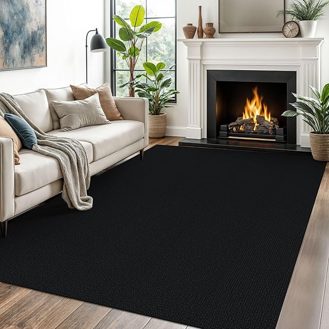 EARTHALL Washable Area Rugs 5x7 Ft Non Slip Living Room Rugs Cotton Rubber Backed Dining Room Rug Braided Bedroom Rugs Indoor Outdoor Floor Carpet for Living Room, Bedroom, Dining Room, Black