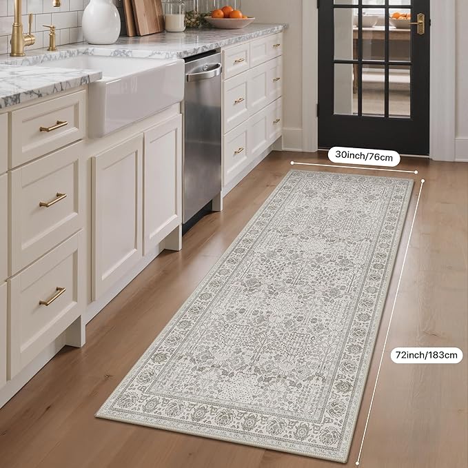 Bavni 2'6''x6 Rug Runners for Hallways, Washable Runner Rug Non Slip, Vintage Floral Print Style Rugs for Bedroom-Lightweight Low Pile Carpet for Hallways Bathroom,Light Gery