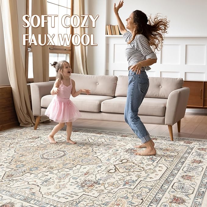 8x10 Area Rugs Living Room: Washable Boho Large Neutral Vintage Soft Rug Stain Resistant Farmhouse Non Slip Indoor Floor Carpet for Bedroom Nursery Kids Playroom Office Dining Room- Cream Blue
