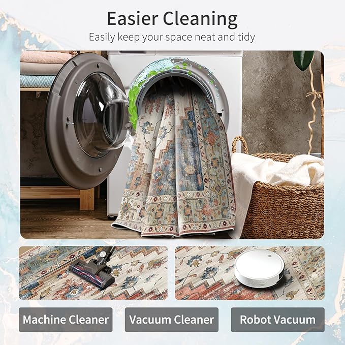 Enkor Area Soft Rugs 4x6 Washable Non Slip Boho Floor Rugs for Living Room Bedroom, Vintage Style Farmhouse Mat for Kitchen Entryway Beige & Red