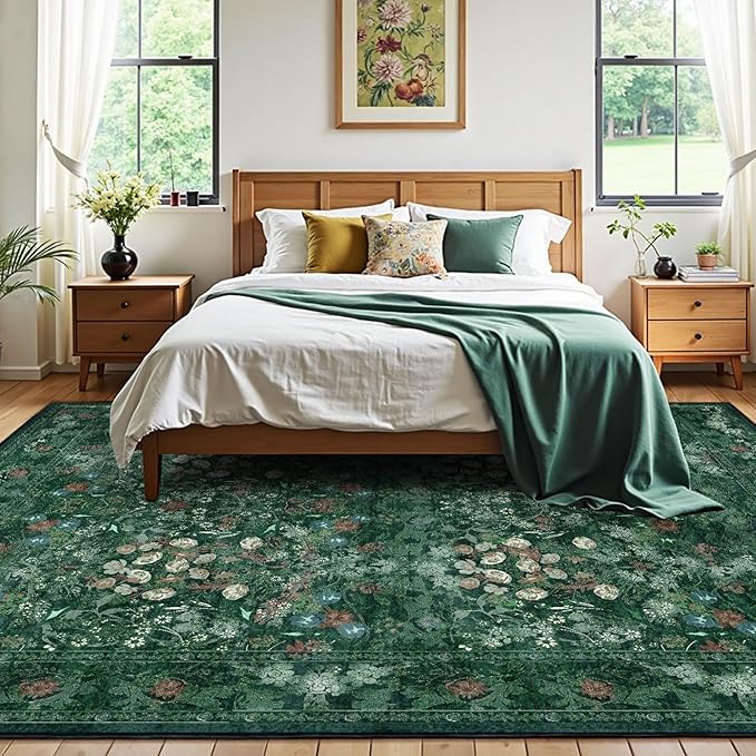 Green Dining Room Rugs for Under Table, Washable Boho Floral 6x9 Area Rug for Living Room, Bedroom, Nursery, Home Office - Vintage Distressed Low Pile Non Slip Carpet, French Country Art Deco Mat