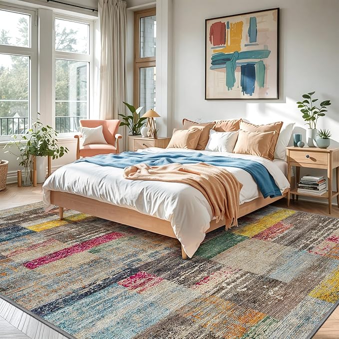 LUMI 8x12 Washable Area Rug for Living Room, Ultra Soft Geometric Rugs Non Slip with Rubber Backing, Low Profile, High Traffic, Stain Resistant Carpets, Ideal for Bedroom, Dining Room, Indoor