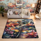 Dragonfly 3x5 Area Rug Colorful Flowers Rugs for Living Room | Watercolor Beetles Washable Rug, Dreamy Rustic Aesthetic Animal Carpet Indoor Floor Mat