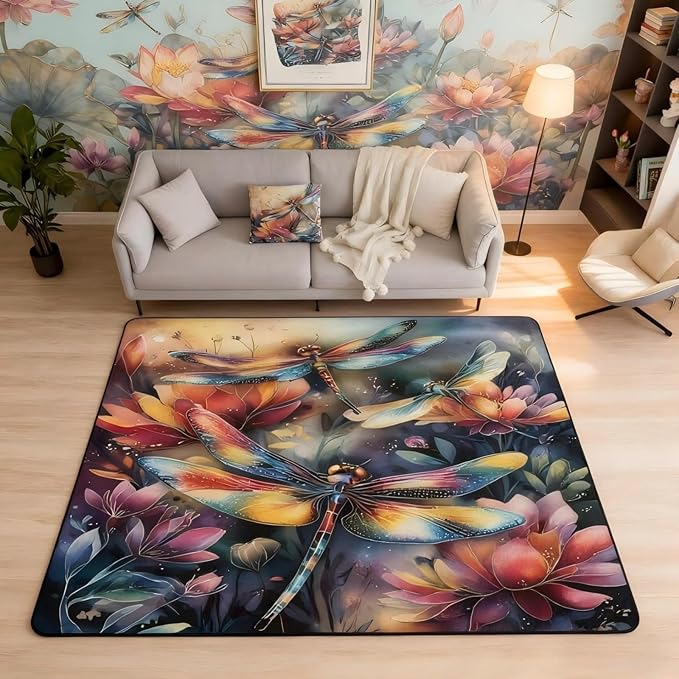 Dragonfly 5x7 Area Rug Colorful Flowers Living Room Rug | Watercolor Beetles Rugs for Bedroom, Dreamy Rustic Aesthetic Animal Carpet Indoor Floor Mat