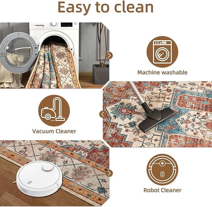 YJ.GWL Area Rugs for Living Room 4x6 Machine Washable Rugs for Bedroom, Non Slip Floral Vintage Rug Indoor Carpet, Stain Resistant Throw Rug for Dining Room Kitchen, Brick Orange