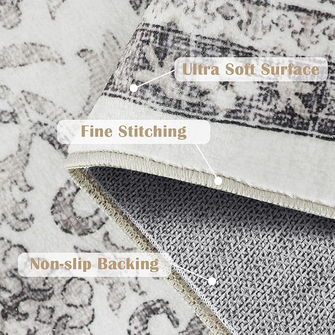 jinchan Floral 2x3 Rugs for Entryway - Machine Washable Beige Vintage Distressed Boho Design Soft Faux Wool Small Non-Slip Doormat for Entrance Kitchen Living Room Bedroom Farmhouse (2‘x3', Beige)