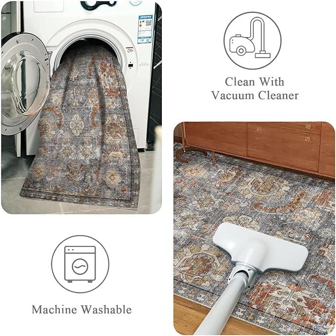 RUGSURE Washable Area Rugs - Perfect for Living Room, Bedroom, Kids Room, Nursery - Stain & Water Resistant Non-Slip, Pet & Child Friendly, Vintage Tribal Area Rugs (Turmeric and Grey, 9' x 12')