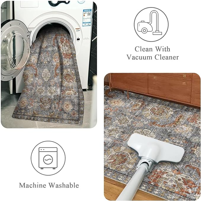 RUGSURE Washable Area Rugs - Perfect for Living Room, Bedroom, Kids Room, Nursery - Stain & Water Resistant Non-Slip, Pet & Child Friendly, Vintage Tribal Area Rugs (Turmeric and Grey, 5' x 7')