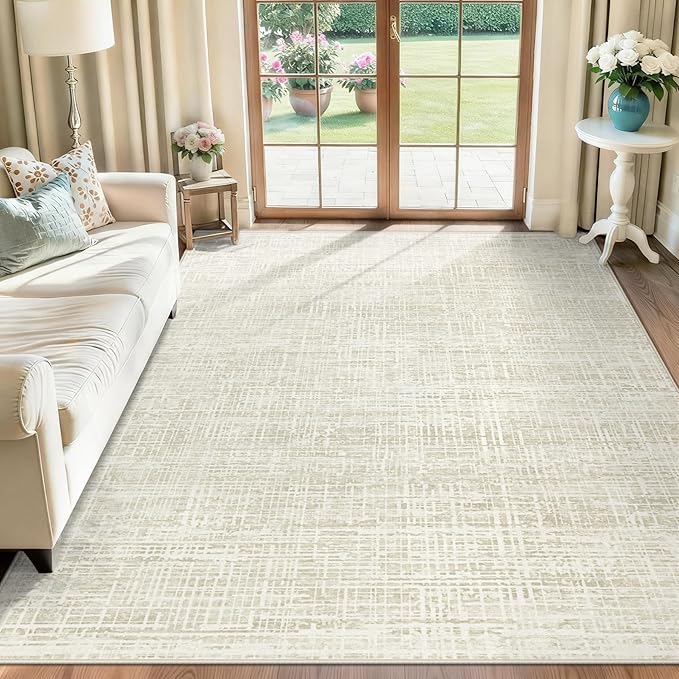 6x9 Area Rugs for Living Room, Washable Large Area Rug Neutral Modern Abstract Bedroom Rug Soft Non Slip Low Pile Stain Resistant Indoor Carpet for Nursery Kids Dining Room Office(Beige, 6'x9')