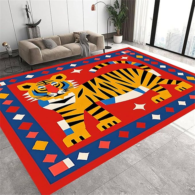 Jungle Animal Area Rug,6x8ft,Unique Design Tiger Print Rug With Geometric Pattern，Bohemian Style Animal Tiger Print Pattern Colorful Rug,Washable Non-Slip Rug for Living Room Classroom Nursery Decor