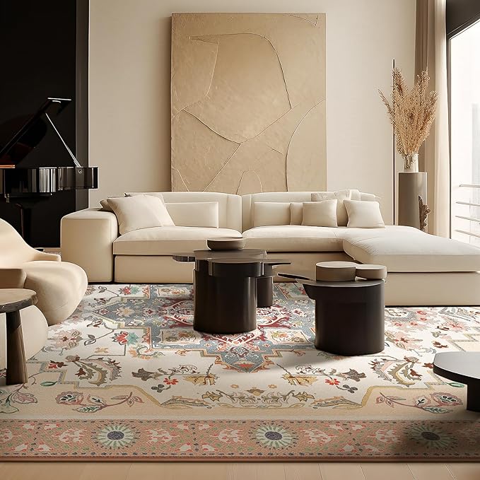 Phantoscope Washable Area Rug 8'x10' Non-Slip, Vintage Boho Rugs for Living Room, Bedroom, Dining Room, Persian Floral Medallion Pattern, Low-Pile Foldable Floor Carpet, Ivory Rose/Fall Bloom