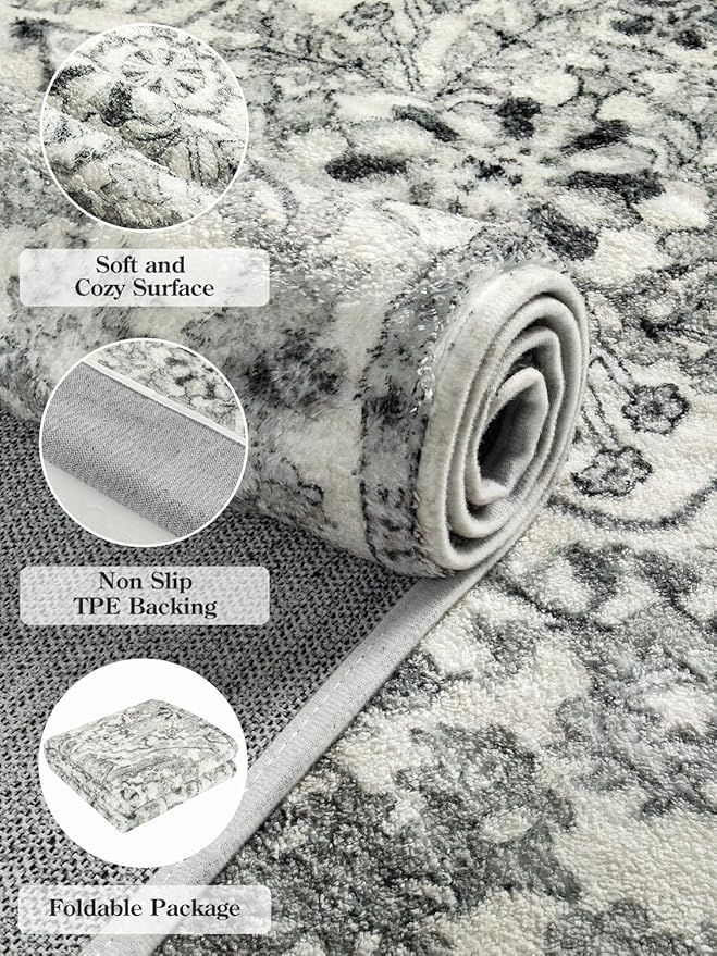 Lahome Round Rug 5'3"Ft, Soft Rugs for Living Room Machine Washable Rugs for Bedroom, Bohemian Medallion Non-Slip Non-Shedding Print Indoor Carpet for Entryway Bathroom Coffee Table, Beige
